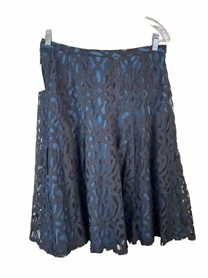 Coldwater Creek Black Floral Lace Overlay Blue Skirt Petite 12 Side Zip NWT - Image 1 of 4