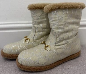 GUCCI Women's Beige & Silver GG Logo Horsebit Detail Lined Snow Boots EU38 UK5 - Picture 1 of 11