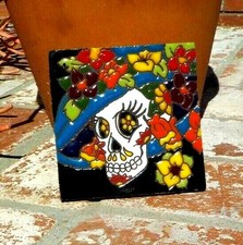 DAY OF THE DEAD LADY W/ FLOWERS RED TILE 4 IN x 4 IN TALAVERA MEXICO FREE SHIP