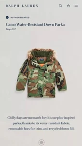 Polo Ralph Lauren Parka Jacket Boys Green 4T Down Military Camo Water Resistant - Picture 1 of 24
