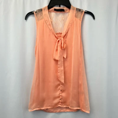 The Limited Womens Blouse Orange Sleeveless Tie Neck Sheer Lace S - Image 1 of 4