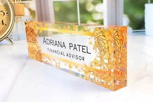 Personalized Clear Acrylic Glass Name Plate Plaque for Desk Flower Decor CAB02FW - Picture 1 of 9