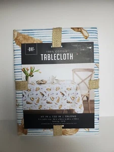 MINT Bunny Hill Farms Easter Rabbits Stripe Cotton Tablecloth 60" X 120" Oblong - Picture 1 of 2