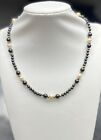 14K Yellow Gold Black Hematite and Natural White Pearl Necklace