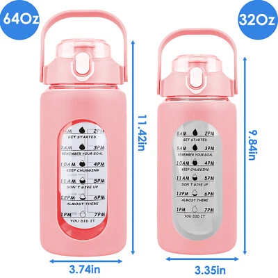Botellas de agua de vidrio de medio galón/64 oz con pajita y tapa y recordatorio de marcador de tiempo Foto 1 de 4
