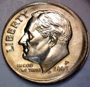 2003 OFF CENTER ERROR Roosevelt Dime BU Coin NICE GOLD TONE RARE DATE O/C #11 NR - Picture 1 of 2