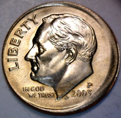2003 OFF CENTER ERROR Roosevelt Dime BU Coin NICE GOLD TONE RARE DATE O/C #11 NR - Image 1 of 2