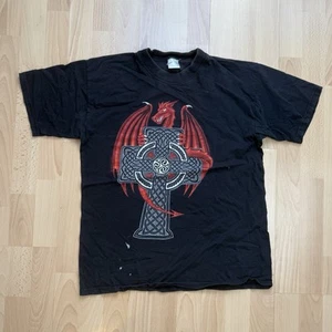 Vintage Celtic Cross Gothic Metal Dragon Distressed Black T-Shirt - Picture 1 of 6