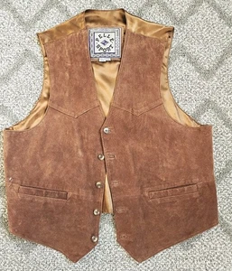 Pelle Sport Vest Top Men Large Brown Leather Suede Vneck Button Up Western Ranch - Picture 1 of 8