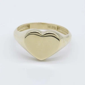 Shiny Heart Signet Ring Real Solid 14K Yellow Gold All Sizes - Picture 1 of 5