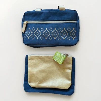 Lindo conjunto organizador de bolsa de maquillaje de viaje para cosméticos azul dorado de 3 piezas Foto 1 de 4