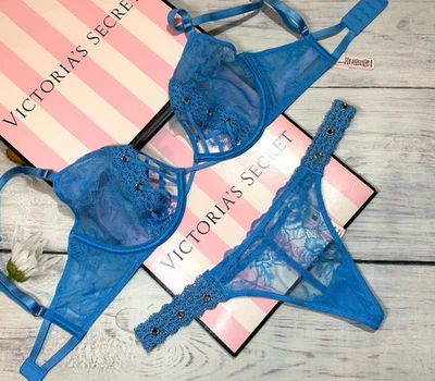 Victoria's Secret Strappy Very Sexy Rose Lace Unlined Bra Thong Set Blue - Image 1 of 4
