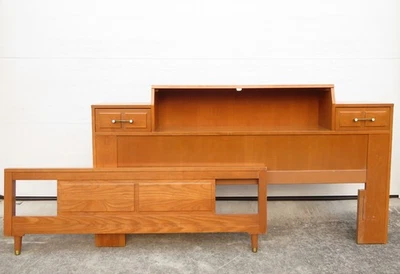 VTG Mid Century LA PERIOD BED FRAME W/ DRAWERS Ash Wood FULL or QUEEN HEADBOARD - Image 1 of 4