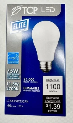 TCP LED ELITE SERIES - 11.5W - 2700K - L75A19D2527K - Total of 12 bulbs - Image 1 of 4