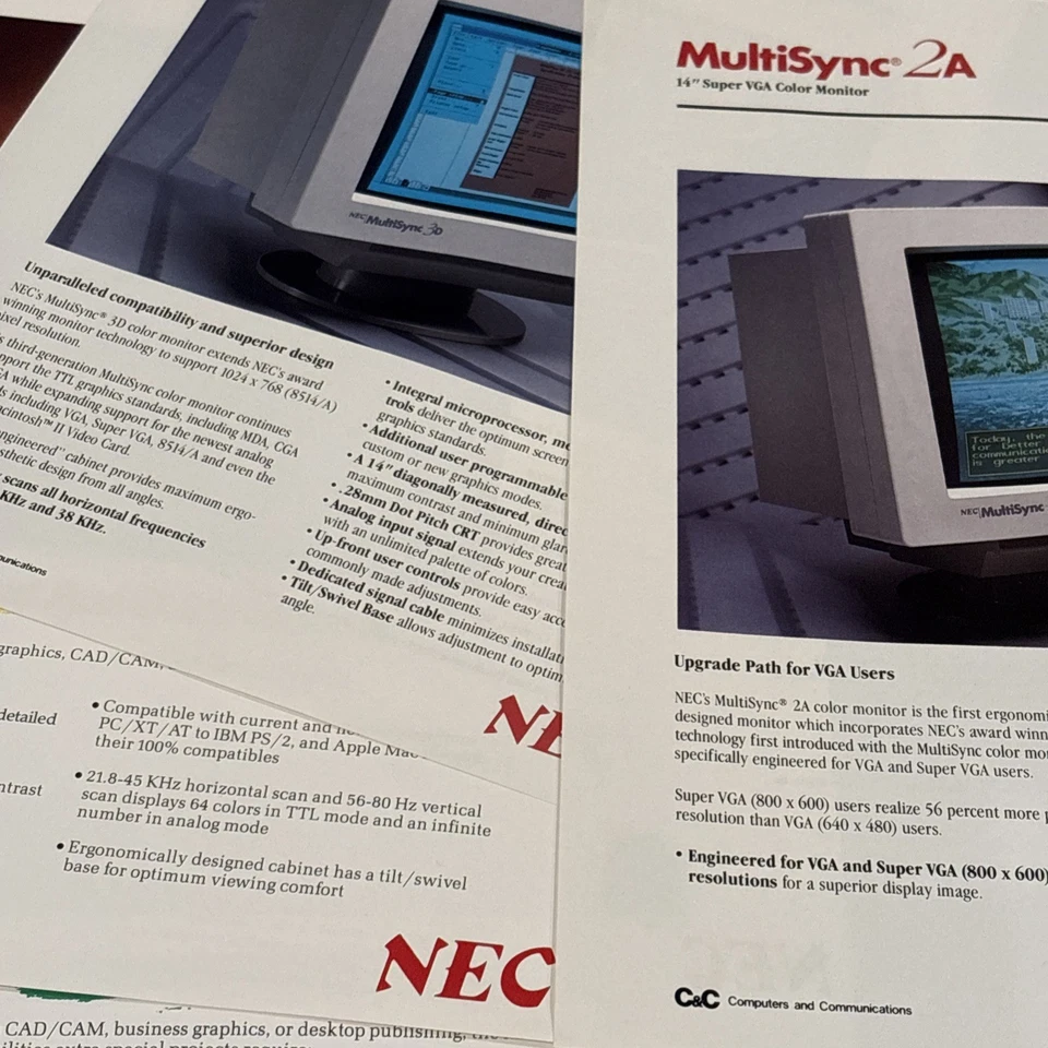 Vintage NEC 4 hojas de especificaciones de página completa: monitor VGA color MultiSync, 1988 Foto 1 de 4