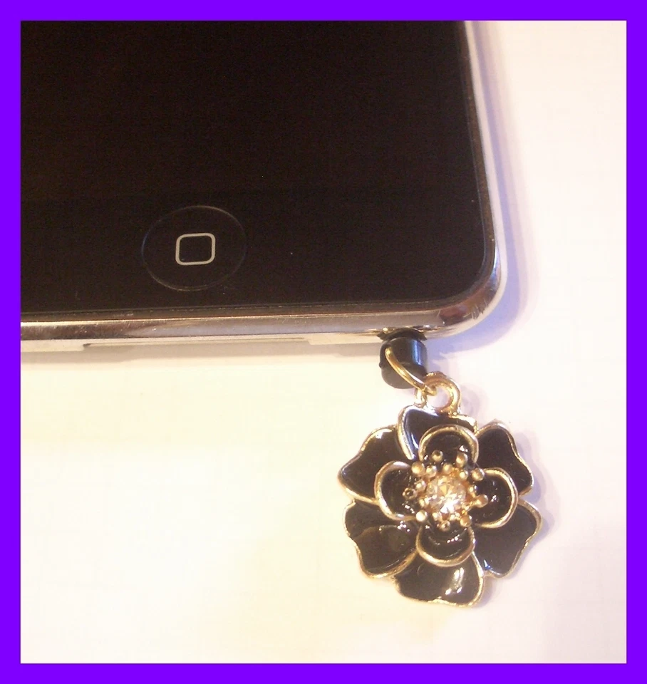 Edle Strass Blume Handy Staubschutz Stöpsel Stecker gold-schwarz NEU   (D13) - Bild 1 von 1