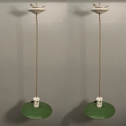 Pair Porcelain Industrial Pendant Lights Green Shades Nice 33A Cover