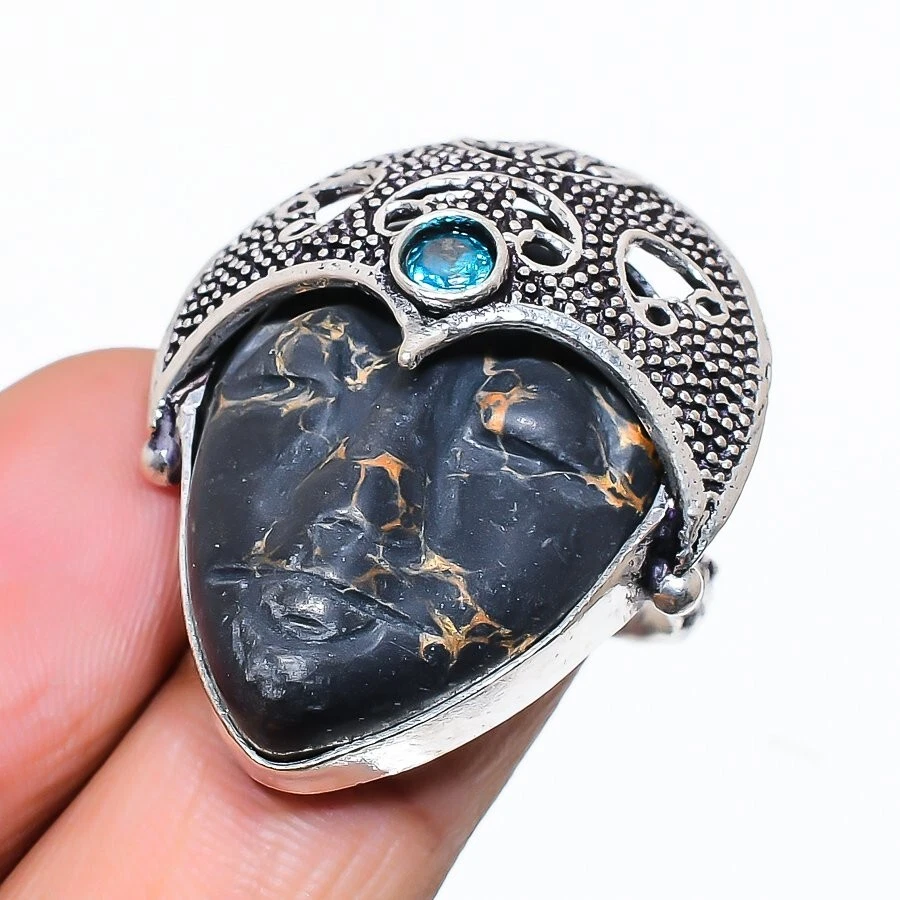 Anel de joias feito à mão com pedra preciosa turquesa preta cobre facial tamanho ajustável KR-32 - Imagem 1 de 1