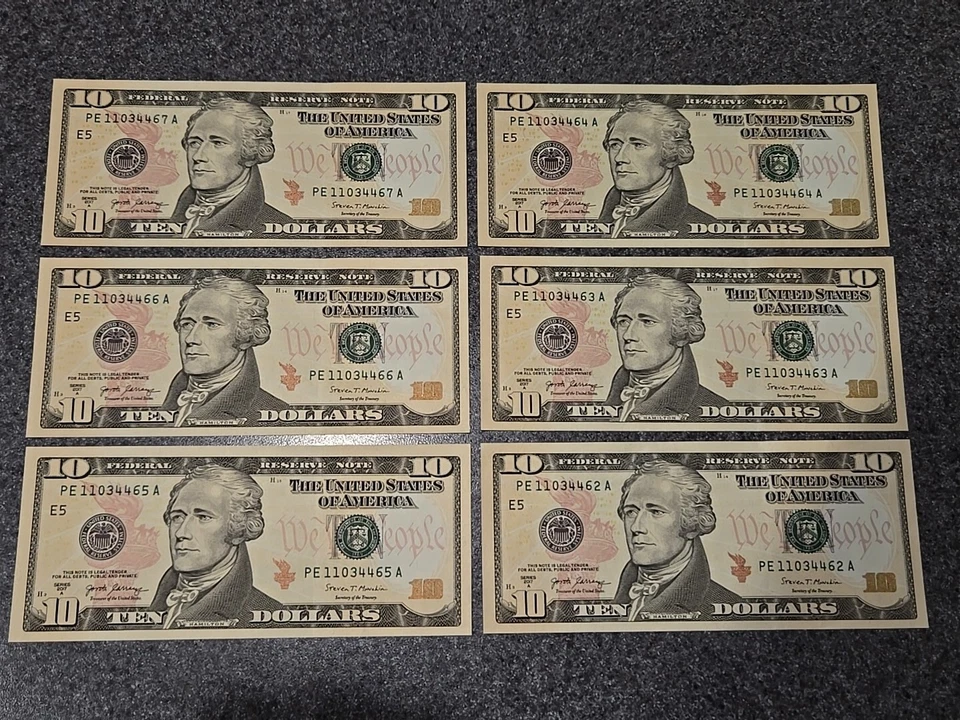 2017A Ten Dollar Bills 6 Sequential Uncirculated Crisp Clean Currency  - Image 1 of 1