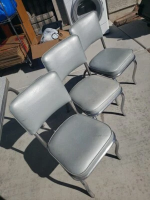 3 Vintage MCM Gray Virtue Bros CA Chrome Leg Padded Dinette Chairs Matching Set  - Image 1 of 4