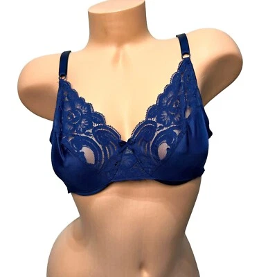 Vintage Vanity Fair Satin & Lace Unlined Bra Size 34C Navy Blue 75164 - Image 1 of 4