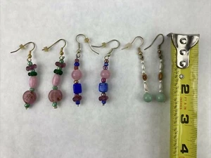 Lot of 3 Pink Blue and Green Glass Bead Handmade Earrings 2" - Picture 1 of 3