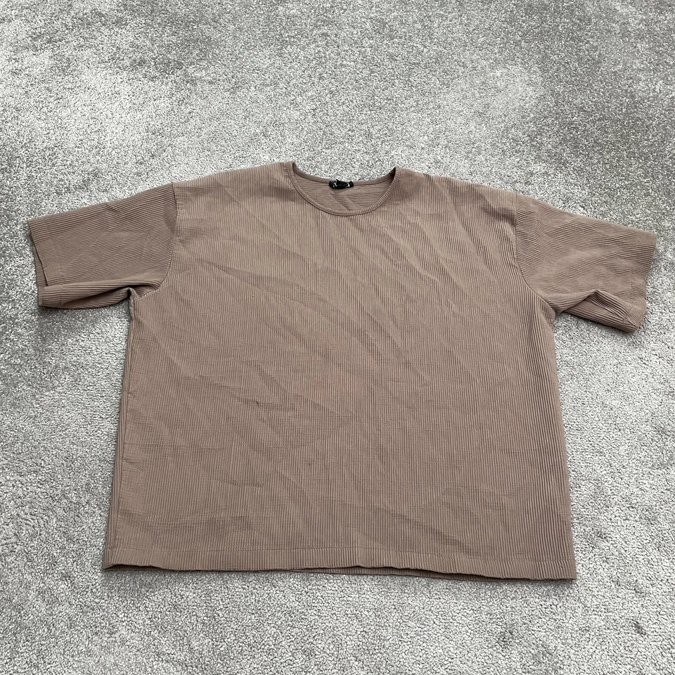 Boohoo 男子罗纹针织宽松版型衬衫男式大号棕色圆领弹力上衣 — 第 1/4 张图片