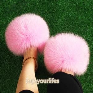 Pink Women's Real Fox Fur Slides Max Large XXL Slipper Holiday Sandals Shoes - Picture 1 of 2