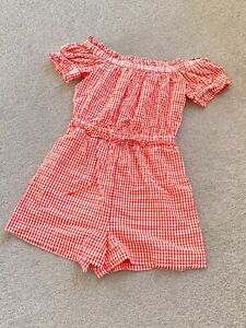 Anthropologie Gingham Print Off Shoulder Romper in Orange, White and Gray SMALL