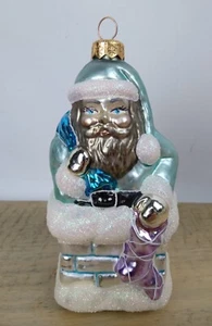 Vtg Poland Blown Glass Ornament Blue Frosted Santa Claus Chimney Holiday 6" - Picture 1 of 6
