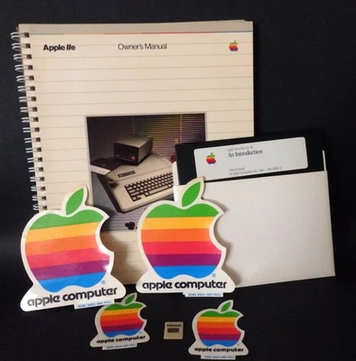 Apple IIE Owners Manual 1982 w 5 orig decals incl RARE "Enhanced" Tab + Floppy - Image 1 of 4
