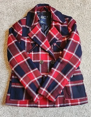 American Eagle Mujer Chaquetón Rojo Lana Doble Pecho Forrado Anclaje Botón M Foto 1 de 4