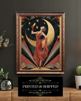 Art Deco Red Black Gold 1920s Moon Goddess Champagne Toast Wall Art Print - Image 1 of 4