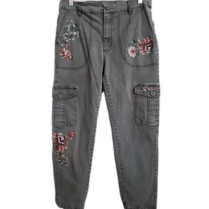 Sundance Embroidered Floral Cargo Pants 6 Y2K Joggers Utility Boho Gray Green - Picture 1 of 14