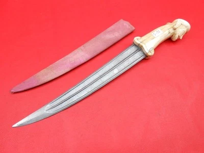 Indo Persian Damascus Blade Mughal Jambiya Vintage Quean Face Bone Grip S95 - Image 1 of 4