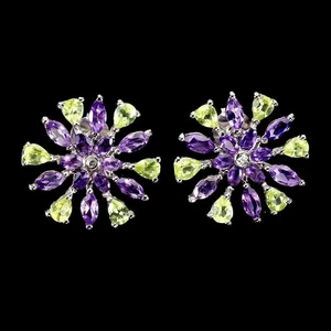 925 Sterling Silver Earrings Marquise Amethyst 5x2.5mm Peridot Gemstone Jewelry - Picture 1 of 13