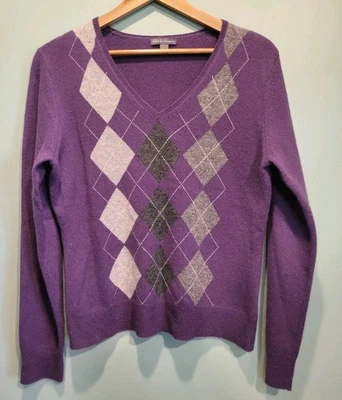 Suéter Púrpura Gris Argyle 100% Cachemira Cuello en V Academia Preppy Talla L Foto 1 de 4