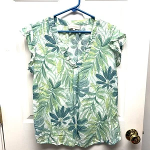 Blusa Cynthia Rowley Manga Acampanada, Verde Azul Estampado Hoja de Palma, Talla L - Imagen 1 de 7