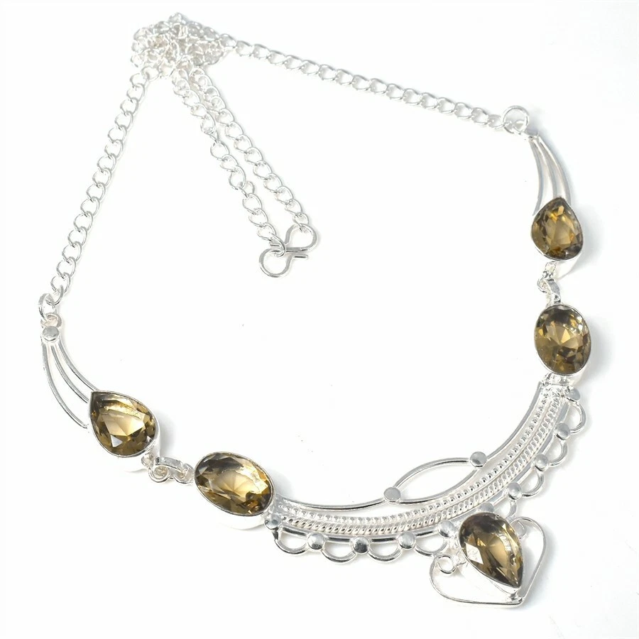 Collar de joyería de plata de ley 925 hecho a mano con piedras preciosas de cuarzo ahumado tamaño 18" Foto 1 de 1