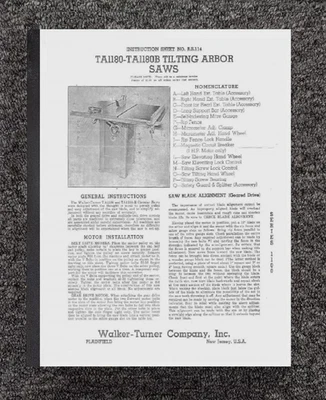 1180 10" TILTING ARBOR SAW INSTRUCT MANUAL FITS WALKER-TURNER TA1180TA TA1180B - Image 1 of 4