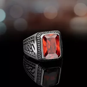Solid 925 Sterling Silver Turkish Jewelry Garnet Gemstone Men's Ring All Size - Picture 1 of 4
