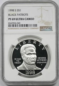 1998-S Black Patriots $1 NGC PF69 Ultra Cameo Modern Commemorative Silver Dollar - Picture 1 of 4