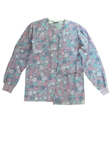 TAFFORD Snap Closure LONG Sleeve Scrub Pink Ribbon Nursing Uniform Sz Small - Picture 1 of 2