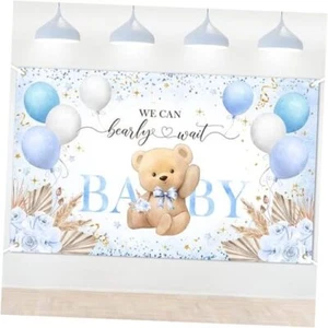 Bear Baby Shower Backdrop 6x4ft We Can Bearly Wait Baby Shower Backdrop Blue - Picture 1 of 8