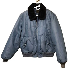 JC Penny Fur Switching Padded Blouson Jacket 70s 80s Blue Large Worn Wool Cuff - Picture 1 of 9