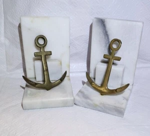 Vintage Marble Bookends With Brass Anchors Nautical Decor - Picture 1 of 8