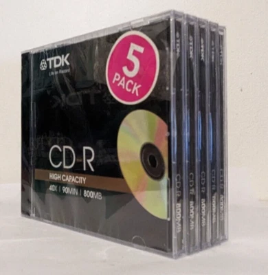 TDK CD-R90 - High capacity 5 PACK - 800MB / 90 MINUTES – Recordable CDR Discs - Image 1 of 4