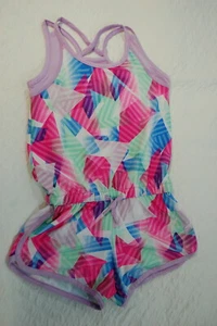 Girls Athletic Shorts Romper PURPLE GREEN PINK BLUE GEOMETRIC Moist Wick XS 4-5 - Picture 1 of 2
