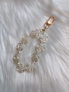 White camellia flower bag charm keychain fob AirPods Charm PVC new handmade gift - Picture 1 of 2