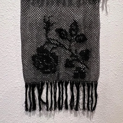 Mantón victoriano gótico rosa filete ganchillo negro flecos bufanda algodón francés de colección Foto 1 de 4